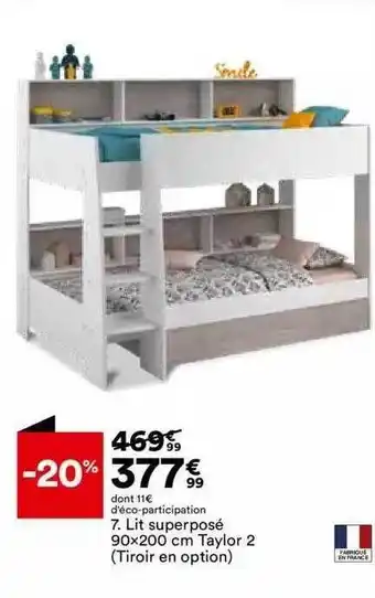 BUT Lit superposé 90 x 200 cm taylor 2 (tiroir en option) offre