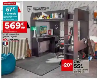 BUT Lit mezzanine gamer legend bxgaming, tapis selena 120 x 170 cm offre