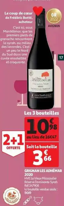 Auchan Grignan les adhémar 2020 hve le vieux micocoulier réserve dominante syrah offre
