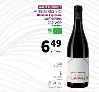 Lidl Vallée du rhône vinsobres bio domaine espinasse les truffières 2021 aop offre