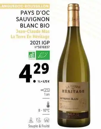 Lidl Pays d'oc sauvignon blanc bio jean-claude mas la terre en héritage 2021 igp offre