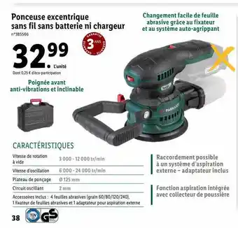 Lidl Ponceuse excentrique sans fil sans batterie ni chargeur parkside offre