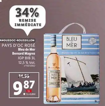 Lidl Pays d'oc rosé bleu de mer bernard magrez igp bib 3l 12,5% vol. offre