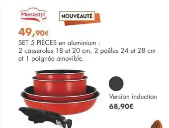 E.Leclerc Set 5 pièces en aluminium : 2 casseroles 18 et 20 cm, 2 poêles 24 et 28 cm et 1 poignée amovible menastyl offre