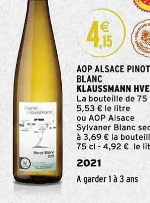 Intermarché Aop alsace pinot blanc klaussmann hve3 2021 offre