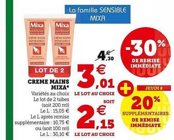 Hyper U Crème mains mixa offre
