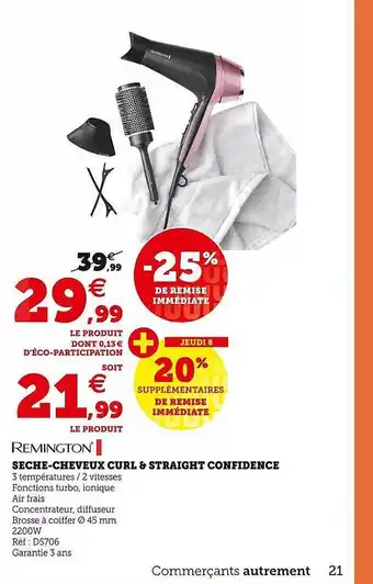 Hyper U Sèche-cheveux curl & straight confidence remington offre