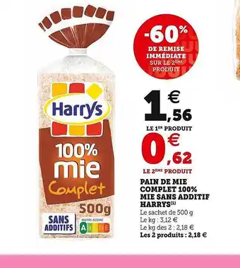 Hyper U Pain de mie complet 100% mie sans additif harrys offre
