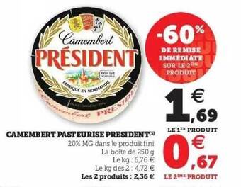 Super U Camembert pasteurisé président offre