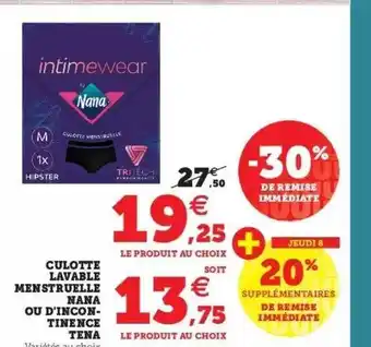 Super U Culotte lavable menstruelle nana ou d'incontinence tena offre