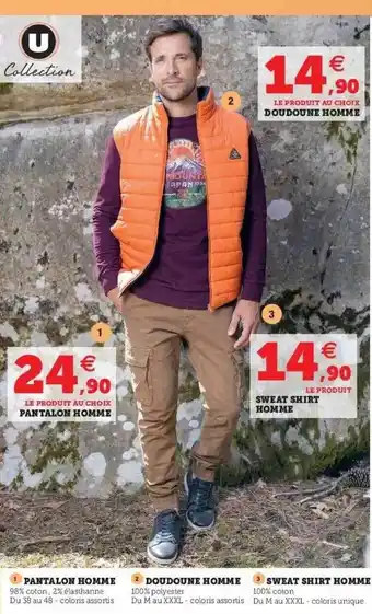 Super U Pantalon homme, doudoune homme, sweat shirt homme u collection offre