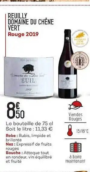 Bi1 Reuilly domaine du chêne vert rouge 2019 offre