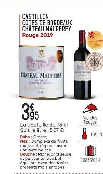 Bi1 Castillon côtes de bordeaux château mauperey rouge 2019 offre