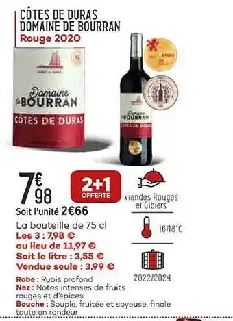 Bi1 Côtes de duras domaine de bourran rouge 2020 offre