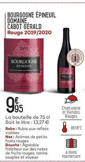 Bi1 Borgogne épineuil domaine cabot gérald rouge 2019-2020 offre