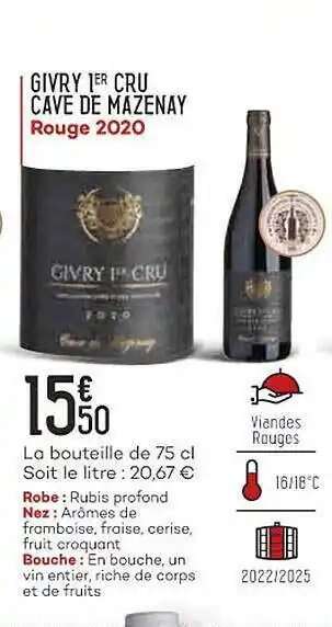 Bi1 Givry 1er cru cave de mazenay rouge 2020 offre