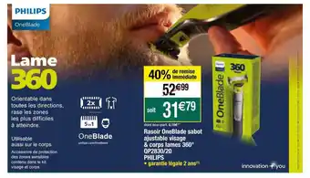 Migros Rasoir oneblade sabot ajustable visage & corps lames 360° qp2830-20 philips offre