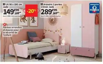 Conforama Lit 90 x 190 cm jade, armoire 2 portes 1 tiroir jade offre