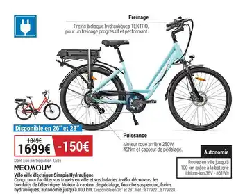 Decathlon Vélo ville électrique sinapia hydraulique neomouv offre
