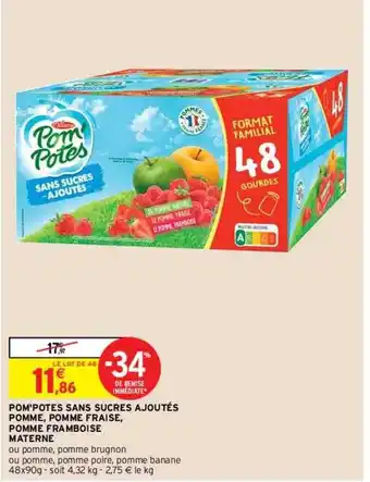 Intermarché Hyper Pom'potes sans sucres ajoutés pomme, pomme fraise, pomme framboise materne offre
