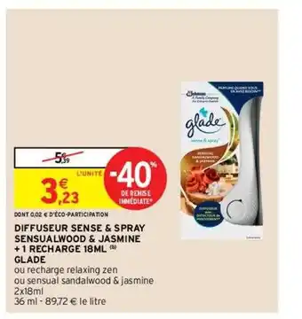 Intermarché Hyper Diffuseur sense & spray sensualwood & jasmine + 1 recharge 18ml glade offre