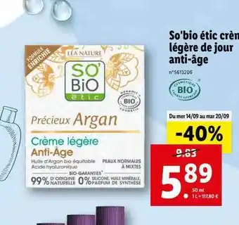 Lidl Crème légère de jour anti-âge so'bio étic offre