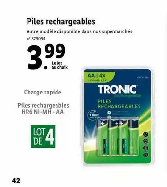 Lidl Piles rechargeables tronic offre