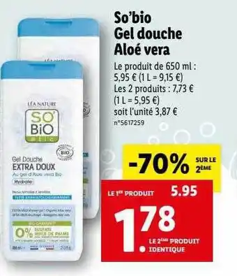 Lidl Gel douche aloé vera so'bio offre