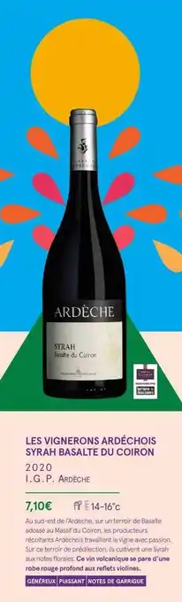 Les vignerons ardéchois syrah basalte du coiron 2020 i.g.p. ardèche