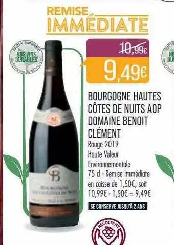 Match Bourgogne hautes côtes de nuits aop domaine benoit clément rouge 2019 offre