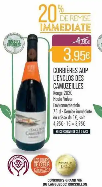 Match Corbières aop l'enclos des camuzeilles rouge 2020 offre