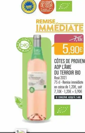 Match Côtes de provence aop l'âme du terroir bio rosé 2021 offre