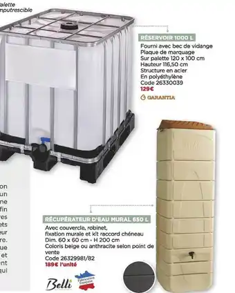 Bricomarché Réservoir 1000l, récupérateur d'eau mural 650l belli offre