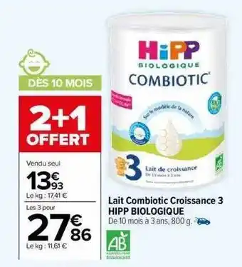Lait combiotic croissance 3 hipp biologique
