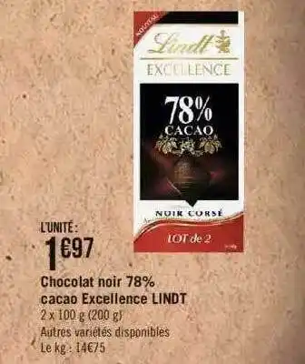 Géant Casino Chocolat noir 78% cacao excellence lindt offre
