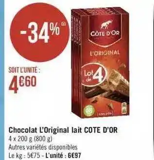 Géant Casino Chocolat l'original lait côte d'or offre