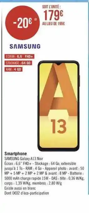 Géant Casino Smartphone samsung galaxy a13 noir offre