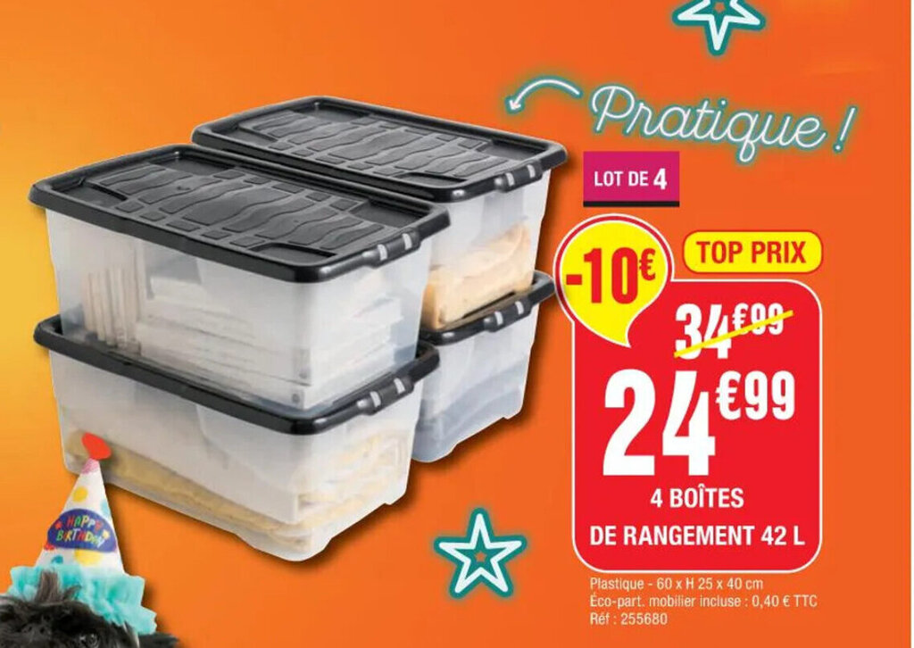 Promo 4 Boites de Rangement 42L chez La Foir'Fouille