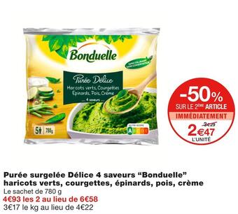 Monoprix Bonduelle purée surgelée délice 4 saveurs haricots verts, courgettes, épinards, pois, crème offre