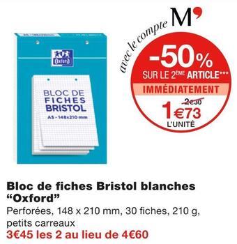Monoprix Oxford bloc de fiches bristol blanches offre