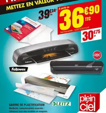 Plein ciel Fellowes / leitz gamme de plastification offre