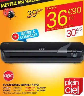 Plein ciel Gbc plastifieuses inspire+ a4/a3 offre