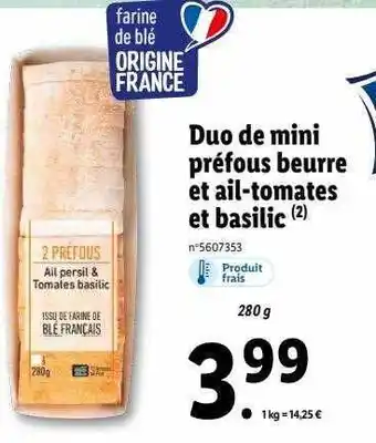 Lidl Duo de mini préfous beurre et ail-tomates et basilic offre