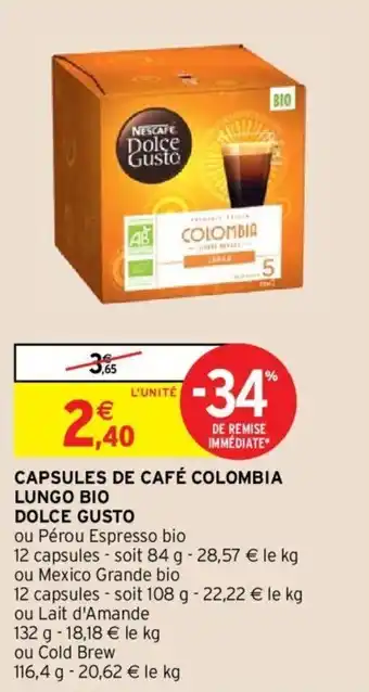 Intermarché DOLCE GUSTO capsules de café colombia lungo bio offre