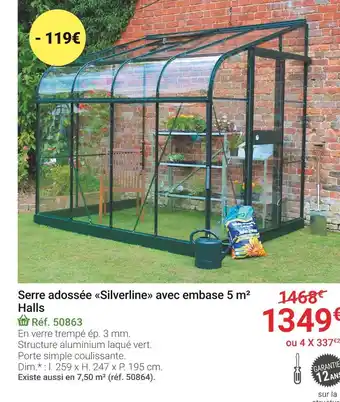 Gamm vert Serre adossée silverline avec embase 5 m² halls offre