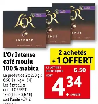 Lidl L'or Intense Café Moulu 100% Arabica offre