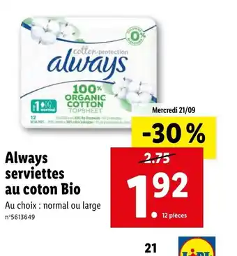 Lidl Always Servietets Au Coton Bio offre