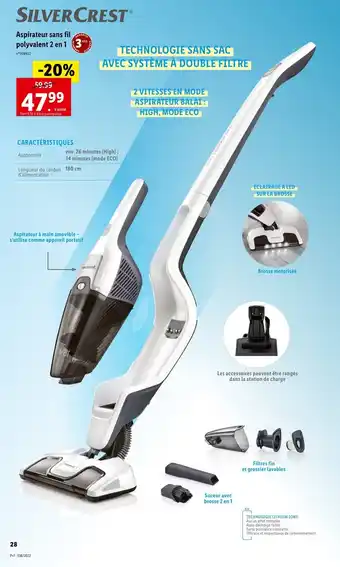Lidl Aspirateur Sans Fil Polyvalent 2 en 1 offre