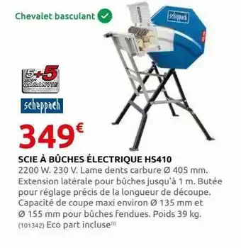 Rural Master Scie à bûches électrique hs410 scheppach offre