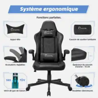 Conforama Chaise gaming avec appuie-tête et support lombaire réglable chaise de bureau ergonomique, fauteuil gamer inclinable accoudoir offre